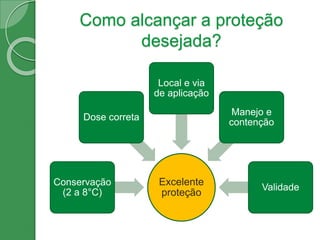 Como alcançar a proteção
desejada?
Excelente
proteção
Conservação
(2 a 8°C)
Dose correta
Local e via
de aplicação
Manejo e
contenção
Validade
 