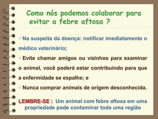 Como nós podemos colaborar para
evitar a febre aftosa ?
Na suspeita da doença: notificar imediatamente o
médico veterinário;
Evite chamar amigos ou vizinhos para examinar
o animal, você poderá estar contribuindo para que
a enfermidade se espalhe; e
Nunca comprar animais de origem desconhecida.
LEMBRE-SE : Um animal com febre aftosa em uma
propriedade pode contaminar toda uma região
 
