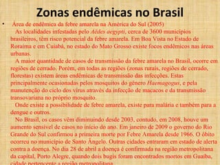Zonas endêmicas no Brasil Área de endêmica da febre amarela na América do Sul (2005)   As localidades infestadas pelo  Aëdes aegypti , cerca de 3600 municípios brasileiros, têm risco potencial da febre amarela. Em Boa Vista no Estado de Roraima e em Cuiabá, no estado do Mato Grosso existe focos endêmicos nas áreas urbanas.   A maior quantidade de casos de transmissão da febre amarela no Brasil, ocorre em regiões de cerrado. Porém, em todas as regiões (zonas rurais, regiões de cerrado, florestas) existem áreas endêmicas de transmissão das infecções. Estas principalmente ocasionadas pelos mosquitos do gênero  Haemagogus , e pela manutenção do ciclo dos vírus através da infecção de macacos e da transmissão transovariana no próprio mosquito.   Onde existe a possibilidade de febre amarela, existe para malária e também para a dengue e outros.   No Brasil, os casos vêm diminuindo desde 2003, contudo, em 2008, houve um aumento sensível de casos no início do ano. Em janeiro de 2009 o governo do Rio Grande do Sul confirmou a primeira morte por Febre Amarela desde 1966. O óbito ocorreu no município de Santo Ângelo. Outras cidades entraram em estado de alerta contra a doença. No dia 28 de abril a doença é confirmada na região metropolitana da capital, Porto Alegre, quando dois bugis foram encontrados mortos em Guaíba, cidade pertencente a região metropolitana. 