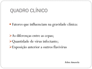 QUADRO CLÍNICO
 Fatores que influenciam na gravidade clínica:
As diferenças entre as cepas;
Quantidade de vírus infectante;
Exposição anterior a outros flavivírus
Febre Amarela
 