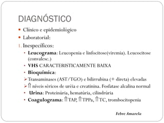 DIAGNÓSTICO
 Clínico e epidemiológico
 Laboratorial:
1. Inespecíficos:
• Leucograma: Leucopenia e linfocitose(viremia). Leucocitose
(convalesc.)
• VHS CARACTERISTICAMENTE BAIXA
• Bioquímica:
Transaminases (AST/TGO) e bilirrubina (+ direta) elevadas
 níveis séricos de uréia e creatinina. Fosfatase alcalina normal
• Urina: Proteinúria, hematúria, cilindrúria
• Coagulograma: TAP, TPPa, TC, trombocitopenia
Febre Amarela
 
