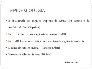 EPIDEMIOLOGIA
 É encontrada em regiões tropicais da África (34 países) e da
América do Sul (09 países)
 Em 1849 houve uma sequência de surtos no BR
 Em 1903 Osvaldo Cruz instituiu medidas de vigilância sanitária
 Doença de caráter sazonal – Janeiro a Abril
 Vetores de hábitos diurnos (10-14h)
Febre Amarela
 