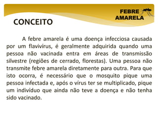 CONCEITO
FEBRE
AMARELA
A febre amarela é uma doença infecciosa causada
por um flavivírus, é geralmente adquirida quando uma
pessoa não vacinada entra em áreas de transmissão
silvestre (regiões de cerrado, florestas). Uma pessoa não
transmite febre amarela diretamente para outra. Para que
isto ocorra, é necessário que o mosquito pique uma
pessoa infectada e, após o vírus ter se multiplicado, pique
um indivíduo que ainda não teve a doença e não tenha
sido vacinado.
 
