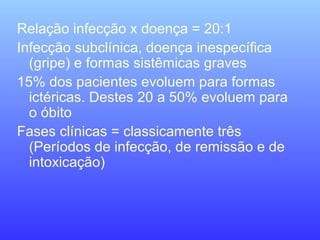 Relação infecção x doença = 20:1
Infecção subclínica, doença inespecífica
(gripe) e formas sistêmicas graves
15% dos pacientes evoluem para formas
ictéricas. Destes 20 a 50% evoluem para
o óbito
Fases clínicas = classicamente três
(Períodos de infecção, de remissão e de
intoxicação)
 