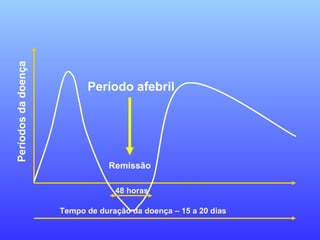 48 horas
Tempo de duração da doença – 15 a 20 dias
Remissão
Períodosdadoença
Período afebril
 