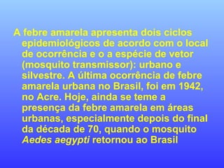 A febre amarela apresenta dois ciclos
epidemiológicos de acordo com o local
de ocorrência e o a espécie de vetor
(mosquito transmissor): urbano e
silvestre. A última ocorrência de febre
amarela urbana no Brasil, foi em 1942,
no Acre. Hoje, ainda se teme a
presença da febre amarela em áreas
urbanas, especialmente depois do final
da década de 70, quando o mosquito
Aedes aegypti retornou ao Brasil
 