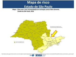 Mapa de risco
Estado de São Paulo
http://www.saude.sp.gov.br/resources/cve-centro-de-vigilancia-epidemiologica/areas-de-vigilancia/doencas-de-transmissao-por-vetores-e-zoonoses/doc/famarela/famarela16_recomendacoes_vacinacao.pdf
 