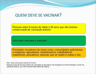 QUEM DEVE SE VACINAR?
Obs.: Dose única para maiores de 5 anos
Pessoas acima de 60 anos podem ser vacinadas se não estiver nas situações de contra-indicação e morar em
ZONA DE RISCO, OU FOR VIAJAR PARA ÁREA DE RISCO.
 