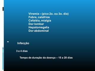 3 a 4 dias
Tempo de duração da doença – 15 a 20 dias
Infecção
Períodosdadoença
Viremia – (pico 2o. ou 3o. dia)
Febre, calafrios
Cefaléia, mialgia
Dor lombar
Hepatomegalia
Dor abdominal
 