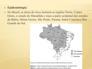  Epidemiologia: 
 No Brasil, as áreas de risco incluem as regiões Norte, Centro 
Oeste, o estado do Maranhão e mais a parte ocidental dos estados 
da Bahia, Minas Gerais, São Paulo, Paraná, Santa Catarina e Rio 
Grande do Sul. 
 