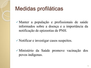 Medidas profiláticas
 Manter a população e profissionais de saúde
informados sobre a doença e a importância da
notificação de epizootias de PNH.
 Notificar e investigar casos suspeitos.
 Ministério da Saúde promove vacinação dos
povos indígenas.
15
 