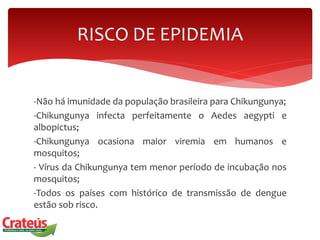 -Não há imunidade da população brasileira para Chikungunya;
-Chikungunya infecta perfeitamente o Aedes aegypti e
albopictus;
-Chikungunya ocasiona maior viremia em humanos e
mosquitos;
- Vírus da Chikungunya tem menor período de incubação nos
mosquitos;
-Todos os países com histórico de transmissão de dengue
estão sob risco.
RISCO DE EPIDEMIA
 