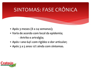• Após 3 meses (8 a 24 semanas);
• Varia de acordo com local da epidemia;
- Artrite e artralgia;
• Após 1 ano 64% com rigidez e dor articular;
• Após 3 a 5 anos 12% ainda com sintomas.
SINTOMAS: FASE CRÔNICA
 