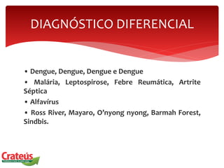 • Dengue, Dengue, Dengue e Dengue
• Malária, Leptospirose, Febre Reumática, Artrite
Séptica
• Alfavírus
• Ross River, Mayaro, O’nyong nyong, Barmah Forest,
Sindbis.
DIAGNÓSTICO DIFERENCIAL
 
