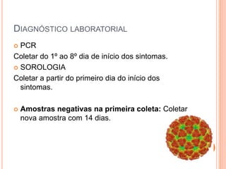 DIAGNÓSTICO LABORATORIAL
PCR
Coletar do 1º ao 8º dia de início dos sintomas.
SOROLOGIA
Coletar a partir do primeiro dia do início dos
sintomas.
Amostras negativas na primeira coleta: Coletar
nova amostra com 14 dias.