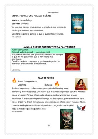 33
HELENA FRANK
OMNIA TODO LO QUE PUEDAS SOÑAR
Autora: Laura Gallego
Editorial: Montena
Yo creo que es muy chulo porque te enseña lo que importa la
familia y la aventura está muy chula.
Este libro es para la gente a la que le gustan las aventuras.
TOR MORENO
LA NIÑA QUE RECORRIO TIERRA FANTASTICA
Autor: Neil Guiman
Editorial: Valenti Almirall Num de pg: 348
El libro está bastante bien y se disfruta leyéndolo, pero por
lo que me ha gustado es que lo han hecho muy
aventurero.
Este libro se lo recomiendo a la gente que le gustan las
aventuras emocionantes e inspiradoras.
ÀLEX RIVERA
ALAS DE FUEGO
Laura Gallego García
Laberinto 251 pag.
A mí me ha gustado por la manera que explica la historia y salen
animales y monstruos raros. Dos frases que más me han gustado son: No, Ahriel ya
no era un ángel. Por qué ahora podía elegir su destino y tomar sus propias
decisiones. Y entonces comprendió que ya no debía preocuparle el hecho de ser o
no ser ángel. Fui ángel, fui humana y fui demonio pero ahora no soy más que Ahriel.
Lo recomiendo porque la historia al principio no engancha mucho pero
hacia la mitad no puedes parar de leer.
BERTA ORDOÑO
 