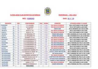 FUTBOL BASE CLUB DEPORTIVO CATARROJA                                   TEMPORADA : 2011-2012

                             MES : FEBRERO                                                DIAS: 18 Y 19

     EQUIPOS          JOR        CONTRARIOS             DIA   HORA           CAMPOS                  CITADOS,HORA Y LUGAR
FEMENINO              15ª            C.F CULLERA        19    12.00    POL MUN CATARROJA             EN EL VESTUARIO A LAS 10.30H
 JUVENIL        ”A”   20ª           U.D ALGINET         19    10.00    POL MUN CATARROJA              EN EL VESTUARIO A LAS 9.00H
 JUVENIL        ”B”   18ª             ALBAL C.F         19    12.00        SANTA ANA                EN EL MUNDIAL 82 A LAS 10.30H
 INFANTIL       ”A”   18ª           SILLA C.F “A”       18    10.30    POL MUN CATARROJA              EN EL VESTUARIO A LAS 9.30H
 CADETE         “A”   18ª           SILLA C.F ”A”       18    12.15    POL MUN CATARROJA             EN EL VESTUARIO A LAS 11.00H
 INFANTIL       “B”   16ª         S.C REQUENA “B”       18    15.30     TOMAS BERLANGA           EN EL MUNDIAL 82 A LAS 12.50H BUS
 CADETE         “B”   16ª         S.C REQUENA “B”       18    17.00     TOMAS BERLANGA           EN EL MUNDIAL 82 A LAS 12.50H BUS
 INFANTIL       “C”   16ª         LEVANTE U.D “E”       18    15.00    POL MUN CATARROJA             EN EL VESTUARIO A LAS 13.45H
 BENJAMIN       “A”   16ª       C.D.B MASANASA”A”       18    9.00     POL MUN CATARROJA              EN EL VESTUARIO A LAS 8.00H
 ALEVIN         “A”   16ª       C.D.B MASANASA “A”      18    9.00     POL MUN CATARROJA              EN EL VESTUARIO A LAS 7.45H
 BENJAMIN       “B”   16ª       C.D.B MASANASA “B”      18    9.15     POL MUN MASANASA           EN EL PARKING DEL POLI A LAS 8.00H
 ALEVIN         “B”   16ª       C.D.B MASANASA “B”      18    9.15     POL MUN MASANASA           EN EL PARKING DEL POLI A LAS 8.00H
 BENJAMIN       “C”   16ª       C.D.B MASANASA “C”      18    10.15    POL MUN CATARROJA              EN EL VESTUARIO A LAS 9.00H
 ALEVIN         “C”   16ª       C.D.B MASANASA “C”      18    9.00     POL MUN CATARROJA              EN EL VESTUARIO A LAS 8.15H
 BENJAMIN       “D”   16ª   U.D MARITIM CABAÑAL “B”     18    9.30    POL MUN DOCTOR LLUCH        EN EL PARKING DEL POLI A LAS 8.30H
 BENJAMIN       “E”   16ª    C.D COLEGIO EL VEDAT “B”   18    10.00   COLEG EL VEDAT-MESTALLON    EN EL PARKING DEL POLI A LAS 8.45H
 PRE-BENJAMIN   “A”   16ª          SEDAVI U.E “A”       18    12.30       POL MUN SEDAVI         EN EL PARKING DEL POLI A LAS 11.00H
 PRE-BENJAMIN   “B”   16ª   U.D BALOMPIE ALFAFAR “B”    18    11.30     POL MUN CATARROJA            EN EL VESTUARIO A LAS 10.45H
 PRE-BENJAMIN   “C”   16ª    COLEGIO SALGUI E.D.E “C”   19    12.30   CAMP MUN SAN MARCELINO     EN EL PARKING DEL POLI A LAS 11.00H
 PRE-BENJAMIN   “D”   16ª        ALBORAYA U.D “D”       18    13.00   ESTADIO MUN ALBORAYA       EN EL PARKING DEL POLI A LAS11.40H
 PRE-BENJAMIN   “E”   16ª   C.F IMPOSIBLES LEVANTE“B”   19    9.00    CAMPO LA MALVARROSA         EN EL PARKING DEL POLI A LAS 7.30H
  QUERUBIN      “L”   16ª           ALBAL C.F “A”       18    12.45     POL MUN CATARROJA            EN EL VESTUARIO A LAS 12.00H
  QUERUBIN      “L”   19ª      VALENCIA FEMINAS C.F     19    9.00       CAMPO BENIFERRI         EN EL PARKING DEL POLI A LAS 8.00H
  QUERUBIN      “I”                DESCANSA
 