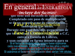 El líder, por multiplicación interna y externa ha llegado a tener doce siguiendo paso a paso la Ox4 y la Ox3, que tiene una duración de tres meses. Completado este paso de multiplicación se da un segundo paso de consolidación, también de tres meses. Durante este paso debemos asegurarnos de que todos vayan a Encuentro, asistan a C.C, entren a Escuela de Líderes, y sean cuidados en forma intensiva para su crecimiento. ¡No se puede dar pasos de multiplicación cuando no se está listo! En general   la   E STRATEGIA incluye dos facetas: Fase 1:  Multiplicación Fase 2:  Consolidación Si el factor de multiplicación mínimo fuese duplicarse cada nueve meses, entonces sobre los tres años y medio quien empezó de cero tendrá cerca de 50 células. Si usáramos el factor de multiplicación ideal, serían 144 células. 