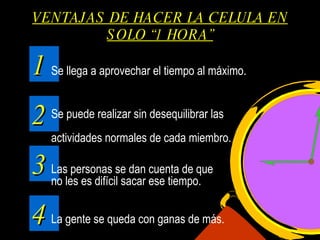 VENTAJAS DE HACER LA CELULA EN SOLO “1 HORA” 2 1 3 4 Se llega a aprovechar el tiempo al máximo. Se puede realizar sin desequilibrar las  actividades normales de cada miembro. Las personas se dan cuenta de que no les es difícil sacar ese tiempo. La gente se queda con ganas de más. 