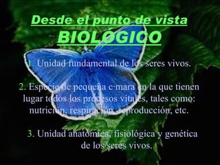 Desde el punto de vista BIOLÓGICO 1.  Unidad fundamental de los seres vivos. 2.  Especie de pequeña cámara en la que tienen lugar todos los procesos vitales, tales como: nutrición, respiración, reproducción, etc. 3.  Unidad anatómica, fisiológica y genética  de los seres vivos. 
