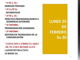  1º RI y CE.-
DERECHO PRIVADO
 2º A./2º B.-
 ESTADISTICAS
 2º RI y CE.-
PRÁCTICA PROFESIONALIZANTE II
  (COMERCIO EXTERIOR)           LUNES 25
 2º INFORM.-
PROGRAMACIÓN AVANZADA                 DE
 3º INFORM.-
GESTION EN TECNOLOGIA DE LA
                                FEBRERO
  COMUNICACIÓN                     hs 20
 ESPACIOS CURRICULARES
 DE PLANES RESIDUALES
(ADMINISTRACION-
JURIDICO)
                                           16
 