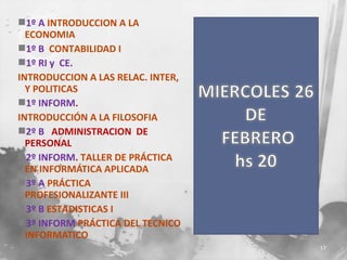 1º A INTRODUCCION A LA
ECONOMIA
1º B CONTABILIDAD I
1º RI y CE.
INTRODUCCION A LAS RELAC. INTER,
Y POLITICAS
1º INFORM.
INTRODUCCIÓN A LA FILOSOFIA
2º B ADMINISTRACION DE
PERSONAL
2º INFORM. TALLER DE PRÁCTICA
EN INFORMÁTICA APLICADA
3º A PRÁCTICA
PROFESIONALIZANTE III
3º B ESTADISTICAS I
3º INFORM PRÁCTICA DEL TECNICO
INFORMATICO
17

 