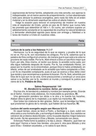 Plan de Pastoral - Febrero 2017
57
aspiraciones de formar familia, adoptando una vida sencilla, con apenas lo
indispensable, sin el menor asomo de arrepentimiento. Lo han abandonado
todo para abrazar la pobreza evangélica, pero nada les falta en el orden
material y en la dimensión espiritual les sobra el afecto fraterno.
Valga la ocasión para renovar el compromiso de mostrar en nuestra
vida el resplandor de Cristo, yendo en pos de Él Señor que nunca falla
les promete que obtendrán el 100 x 1. En suma, ser cristiano supone un
adiestramiento constante en la capacidad de crucificar la natural tendencia
a demandar afectividad egoísta para darse con entrega y fidelidad a la
tarea de mostrar a Cristo en nuestras vidas.
18 Feria
Sábado Verde
Lectura de la carta a los Hebreos 11,1-7
Hermanos: La fe es seguridad de lo que se espera, y prueba de lo que
no se ve. Por su fe, son recordados los antiguos. Por la fe, sabemos que la
palabra de Dios configuró el universo, de manera que lo que está a la vista no
proviene de nada visible. Por la fe, Abel ofreció a Dios un sacrificio mejor que
Caín; por ella, Dios mismo, al recibir sus dones, lo acreditó como justo; por
ella sigue hablando después de muerto. Por fe, fue arrebatado Henoc, sin
pasar por la muerte; no lo encontraban, porque Dios lo había arrebatado; en
efecto, antes de ser arrebatado se le acreditó que había complacido a Dios,
y sin fe es imposible complacerle, pues el que se acerca a Dios debe creer
que existe y que recompensa a quienes lo buscan. Por fe, Noé, advertido por
Dios de lo que aún no se veía, tomó precauciones y construyó un arca para
salvar a su familia; por la fe, condenó al mundo y consiguió la justicia que
viene de la fe. Palabra de Dios.
Salmo Responsorial: 144
R/. Bendeciré tu nombre; Señor, por siempre
Día tras día, te bendeciré y alabaré tu nombre por siempre jamás. Grande
es el Señor, merece toda alabanza. Es incalculable su grandeza. R/.
Una generación pondera tus obras a la otra y le cuenta tus hazañas.
Alaban ellos la gloria de tu majestad, y yo repito tus maravillas. R/.
Que todas tus criaturas te den gracias, Señor, que te bendiga tus fieles;
que proclamen la gloria de tu reinado, que hablen de tus hazañas. R/.
Lectura del santo evangelio según san Marcos 9,2-13
En aquel tiempo, Jesús se llevó a Pedro, a Santiago y a Juan, subió con
ellos solos a una montaña alta, y se transfiguró delante de ellos. Sus vestidos se
volvieron de un blanco deslumbrador, como no puede dejarlos ningún batanero
del mundo. Se les aparecieron Elías y Moisés, conversando con Jesús.
Entonces Pedro tomó la palabra y le dijo a Jesús: «Maestro, ¡qué bien se
está aquí! Vamos a hacer tres tiendas, una para ti, otra para Moisés y otra
para Elías.» Estaban asustados, y no sabía lo que decía.
 