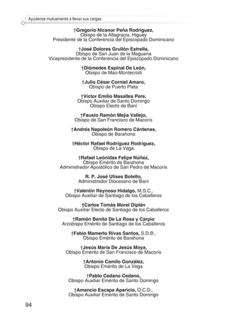94
Ayúdense mutuamente a llevar sus cargas
†Gregorio Nicanor Peña Rodríguez,
Obispo de la Altagracia, Higuey
Presidente de la Conferencia del Episcopado Dominicano
†José Dolores Grullón Estrella,
Obispo de San Juan de la Maguana
Vicepresidente de la Conferencia del Episcopado Dominicano
†Diómedes Espinal De León,
Obispo de Mao-Montecristi
†Julio César Corniel Amaro,
Obispo de Puerto Plata
†Víctor Emilio Masalles Pere,
Obispo Auxiliar de Santo Domingo
Obispo Electo de Baní
†Fausto Ramón Mejía Vallejo,
Obispo de San Francisco de Macorís
†Andrés Napoleón Romero Cárdenas,
Obispo de Barahona
†Héctor Rafael Rodríguez Rodríguez,
Obispo de La Vega
†Rafael Leónidas Felipe Núñez,
Obispo Emérito de Barahona
Administrador Apostólico de San Pedro de Macorís
R. P. José Ulises Botello,
Administrador Diocesano de Baní
†Valentín Reynoso Hidalgo, M.S.C.,
Obispo Auxiliar de Santiago de los Caballeros
†Carlos Tomás Morel Diplán
Obispo Auxiliar Electo de Santiago de los Caballeros
†Ramón Benito De La Rosa y Carpio
Arzobispo Emérito de Santiago de los Caballeros
†Fabio Mamerto Rivas Santos, S.D.B.,
Obispo Emérito de Barahona
†Jesús María De Jesús Moya,
Obispo Emérito de San Francisco de Macorís
†Antonio Camilo González,
Obispo Emérito de La Vega
†Pablo Cedano Cedano,
Obispo Auxiliar Emérito de Santo Domingo
†Amancio Escapa Aparicio, O.C.D.,
Obispo Auxiliar Emérito de Santo Domingo
 