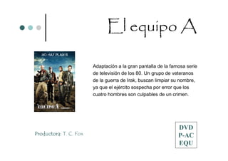 El equipo A

                        Adaptación a la gran pantalla de la famosa serie
                        de televisión de los 80. Un grupo de veteranos
                        de la guerra de Irak, buscan limpiar su nombre,
                        ya que el ejército sospecha por error que los
                        cuatro hombres son culpables de un crimen.




                                                               DVD
Productora: T. C. Fox                                          P-AC
                                                               EQU
 