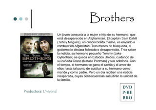 Brothers
                    Un joven consuela a la mujer e hijo de su hermano, que
                    está desaparecido en Afghanistan. El capitán Sam Cahill
                    (Tobey Maguire), un condecorado marine, es enviado a
                    combatir en Afganistán. Tras meses de búsqueda, el
                    gobierno le declara fallecido o desaparecido. Tras saber
                    la noticia, su hermano pequeño Tommy (Jake
                    Gyllenhaal) se queda en Estados Unidos, cuidando de
                    su cuñada Grace (Natalie Portman) y sus sobrinos. Con
                    el tiempo, el hermano se gana el cariño y el amor de
                    ellos hasta tal punto de sustituir a su hermano como
                    marido y como padre. Pero un día reciben una noticia
                    inesperada, cuyas consecuencias sacudirán la unidad de
                    la familia.

                                                                 DVD
Productora: Universal                                            P-BE
                                                                 BRO
 