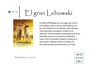 El gran Lebowski
                        El Nota (Jeff Bridges) es una vago que vive en
                        los Angeles y que un día es confundido por un
                        par de matones con el millonario Jeff Lebowski.
                        Tras propinarle una paliza y orinarle en la
                        alfombra, El Nota iniciara la búsqueda de El Gran
                        Lebowski para que le compre una alfombra
                        nueva. De su encuentro surgirá un trato por el
                        que el gran Lebowski ofrece a El Nota una
                        recompensa para que encuentre a su mujer.




                                                                   DVD
Productora: Universal                                              P-CO
                                                                   GRA
 