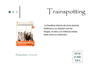 Trainspotting

                         La frenética historia de cinco jóvenes
                        británicos y su relación con las
                        drogas, el sexo y la violencia arraso
                        tanto como su verborrea.




Productora: Universal                                    DVD
                                                         P-DR
                                                         TRA
 