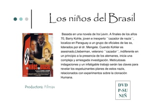 Los niños del Brasil
                      Basada en una novela de Ira Levin. A finales de los años
                     70, Barry Kohle, joven e inexperto ``cazador de nazis´´,
                     localiza en Paraguay a un grupo de oficiales de las ss,
                     liderados por el dr. Mengele. Cuando Kohler es
                     asesinado,Llieberman, veterano ``cazador´´, indiferente en
                     un principio a la presencia de los alemanes, inicia una
                     compleja y arriesgada investigación. Meticulosas
                     indagaciones y un infatigable trabajo serán las claves para
                     revelar los espeluznantes planes de estos nazis,
                     relacionados con experimentos sobre la clonación
                     Humana.


Productora: Filmax                                              DVD
                                                                P-SU
                                                                NIÑ
 