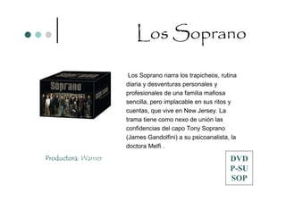 Los Soprano

                      Los Soprano narra los trapicheos, rutina
                     diaria y desventuras personales y
                     profesionales de una familia mafiosa
                     sencilla, pero implacable en sus ritos y
                     cuentas, que vive en New Jersey. La
                     trama tiene como nexo de unión las
                     confidencias del capo Tony Soprano
                     (James Gandolfini) a su psicoanalista, la
                     doctora Melfi .
Productora: Warner                                         DVD
                                                           P-SU
                                                           SOP
 