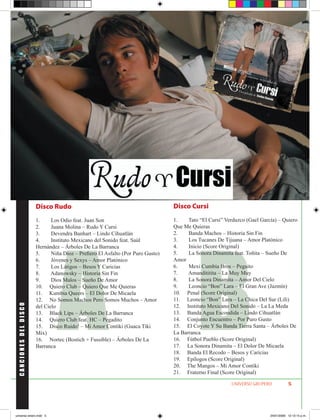 Disco Rudo                                                Disco Cursi




                                A B
                       1.     Los Odio feat. Juan Son                            1.    Tato “El Cursi” Verduzco (Gael García) – Quiero
                       2.     Juana Molina – Rudo Y Cursi                        Que Me Quieras
                       3.     Devendra Banhart – Lindo Cihuatlán                 2.    Banda Machos – Historia Sin Fin
                       4.     Instituto Mexicano del Sonido feat. Saúl           3.    Los Tucanes De Tijuana – Amor Platónico
                       Hernández – Árboles De La Barranca                        4.    Inicio (Score Original)
                       5.     Niña Dioz – Prefiero El Asfalto (Por Puro Gusto)   5.    La Sonora Dinamita feat. Toñita – Sueño De
                       6.     Jóvenes y Sexys – Amor Platónico                   Amor
                       7.     Los Látigos – Besos Y Caricias                     6.    Mexi Cumbia Bros – Pegaito
                       8.     Adanowsky – Historia Sin Fin                       7.    Amandititita – La Muy Muy
                       9.     Dios Malos – Sueño De Amor                         8.    La Sonora Dinamita – Amor Del Cielo
                       10. Quiero Club – Quiero Que Me Quieras                   9.    Leoncio “Bon” Lara – El Gran Ave (Jazmín)
                       11. Kumbia Queers – El Dolor De Micaela                   10. Penal (Score Original)
                       12. No Somos Machos Pero Somos Muchos – Amor              11. Leoncio “Bon” Lara – La Chica Del Sur (Lili)
                                                                                 12. Instituto Mexicano Del Sonido – La La Meda
 CANCIONES DEL DISCO




                       del Cielo
                       13. Black Lips – Árboles De La Barranca                   13. Banda Agua Escondida – Lindo Cihuatlán
                       14. Quiero Club feat. HC – Pegadito                       14. Conjunto Encuentro – Por Puro Gusto
                       15. Disco Ruido! – Mi Amor Contiki (Guaca Tiki            15. El Coyote Y Su Banda Tierra Santa – Árboles De
                       Mix)                                                      La Barranca
                       16. Nortec (Bostich + Fussible) – Árboles De La           16. Fútbol Pueblo (Score Original)
                       Barranca                                                  17. La Sonora Dinamita – El Dolor De Micaela
                                                                                 18. Banda El Recodo – Besos y Caricias
                                                                                 19. Epílogos (Score Original)
                                                                                 20. The Mangos – Mi Amor Contiki
                                                                                 21. Fraterno Final (Score Original)

                                                                                                         UNIVERSO GRUPERO            5




universo enero.indd 5                                                                                                     24/01/2009 12:13:15 p.m.
 