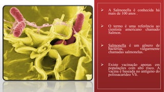  A Salmonella é conhecida há
mais de 100 anos .
 O termo é uma referência ao
cientista americano chamado
Salmon.
 Salmonella é um gênero de
bactérias, vulgarmente
chamadas salmonelas.
 Existe vacinação apenas em
populações com alto risco. A
vacina é baseada no antígeno do
polissacarídeo VIi.
 