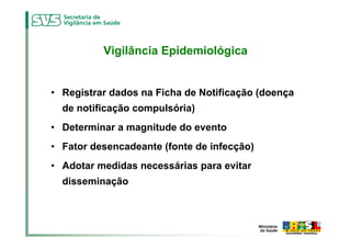 Vigilância Epidemiológica


• Registrar dados na Ficha de Notificação (doença
  de notificação compulsória)
• Determinar a magnitude do evento
• Fator desencadeante (fonte de infecção)
• Adotar medidas necessárias para evitar
  disseminação
 
