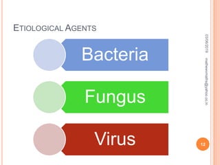 ETIOLOGICAL AGENTS
Bacteria
Fungus
Virus
03/06/2019
12
mathewvmaths@yahoo.co.in
 