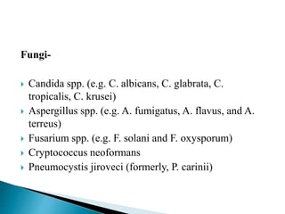 Fungi-
 Candida spp. (e.g. C. albicans, C. glabrata, C.
tropicalis, C. krusei)
 Aspergillus spp. (e.g. A. fumigatus, A. flavus, and A.
terreus)
 Fusarium spp. (e.g. F. solani and F. oxysporum)
 Cryptococcus neoformans
 Pneumocystis jiroveci (formerly, P. carinii)
 