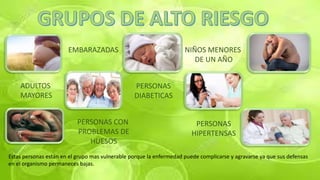 Estas personas están en el grupo mas vulnerable porque la enfermedad puede complicarse y agravarse ya que sus defensas
en el organismo permaneces bajas.
EMBARAZADAS
ADULTOS
MAYORES
NIÑOS MENORES
DE UN AÑO
PERSONAS
DIABETICAS
PERSONAS
HIPERTENSAS
PERSONAS CON
PROBLEMAS DE
HUESOS
 