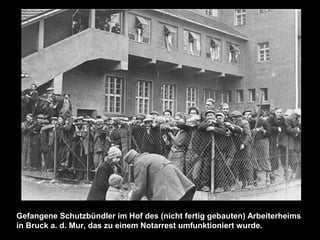 Gefangene Schutzbündler im Hof des (nicht fertig gebauten) Arbeiterheims
in Bruck a. d. Mur, das zu einem Notarrest umfunktioniert wurde.
 