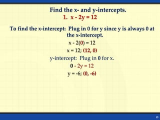 15
To find the x-intercept: Plug in 0 for y since y is always 0 at
the x-intercept.
x - 2(0) = 12
x = 12; (12, 0)
y-intercept: Plug in 0 for x.
0 - 2y = 12
y = -6; (0, -6)
Find the x- and y-intercepts.
1. x - 2y = 12
 
