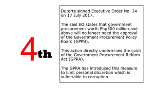 Duterte signed Executive Order No. 34
on 17 July 2017.
The said EO states that government
procurement worth Php500 million...