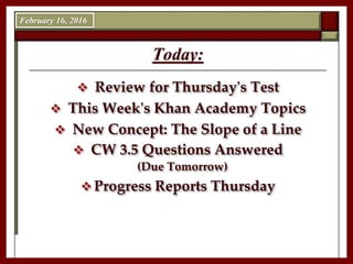Today:
 Review for Thursday's Test
 This Week's Khan Academy Topics
 New Concept: The Slope of a Line
 CW 3.5 Questions Answered
(Due Tomorrow)
 Progress Reports Thursday
February 16, 2016
 