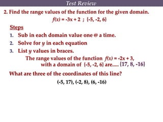 2. Find the range values of the function for the given domain.
f(x) = -3x + 2 ; {-5, -2, 6}
Steps
1. Sub in each domain value one @ a time.
2. Solve for y in each equation
3. List y values in braces.
The range values of the function f(x) = -2x + 3,
with a domain of {-5, -2, 6} are..... {17, 8, -16}
Test Review
What are three of the coordinates of this line?
(-5, 17), (-2, 8), (6, -16)
 