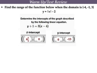 • Find the range of the function below when the domain is {-4, -1, 3}
y = |x| - 2
Warm Up/Test Review
4
𝟏
𝟑
0 0 -13
 