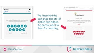 We improved the
rating/tap targets for
mobile and added
the accent color to
them for branding.
 