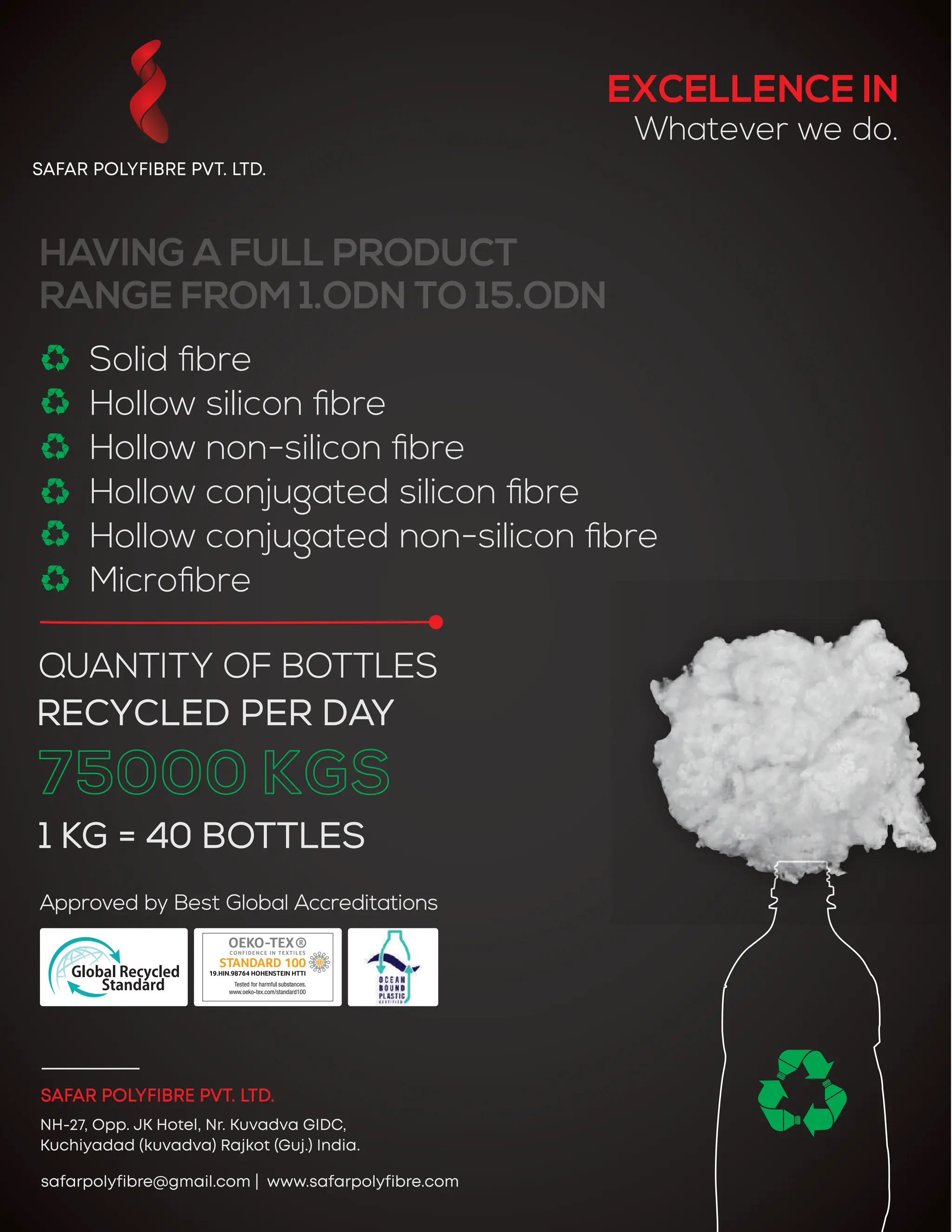 EXCELLENCE IN
Whatever we do.
Solid ﬁbre
Hollow silicon ﬁbre
Hollow non-silicon ﬁbre
Hollow conjugated silicon ﬁbre
Hollow conjugated non-silicon ﬁbre
Microﬁbre
HAVING A FULL PRODUCT
RANGE FROM 1.ODN TO 15.ODN
Q
QU
UA
AN
NT
TI
IT
TY
Y O
OF
F B
BO
OT
TT
TL
LE
ES
S
R
RE
EC
CY
YC
CL
LE
ED
D P
PE
ER
R D
DA
AY
Y
75000 KGS
1
1 K
KG
G =
= 4
40
0 B
BO
OT
TT
TL
LE
ES
S
A
Ap
pp
pr
ro
ov
ve
ed
d b
by
y B
Be
es
st
t G
Gllo
ob
ba
all A
Ac
cc
cr
re
ed
diit
ta
at
tiio
on
ns
s
 
