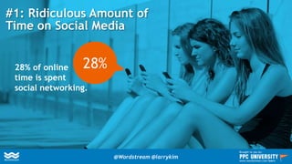 #1: Ridiculous Amount of
Time on Social Media
28%28% of online
time is spent
social networking.
@Wordstream @larrykim
Brought to you by:
www.wordstream.com/learn
 