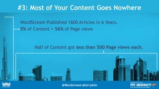 #3: Most of Your Content Goes Nowhere
WordStream Published 1600 Articles in 6 Years.
5% of Content = 56% of Page views
Half of Content got less than 500 Page views each.
@Wordstream @larrykim
Brought to you by:
www.wordstream.com/learn
 